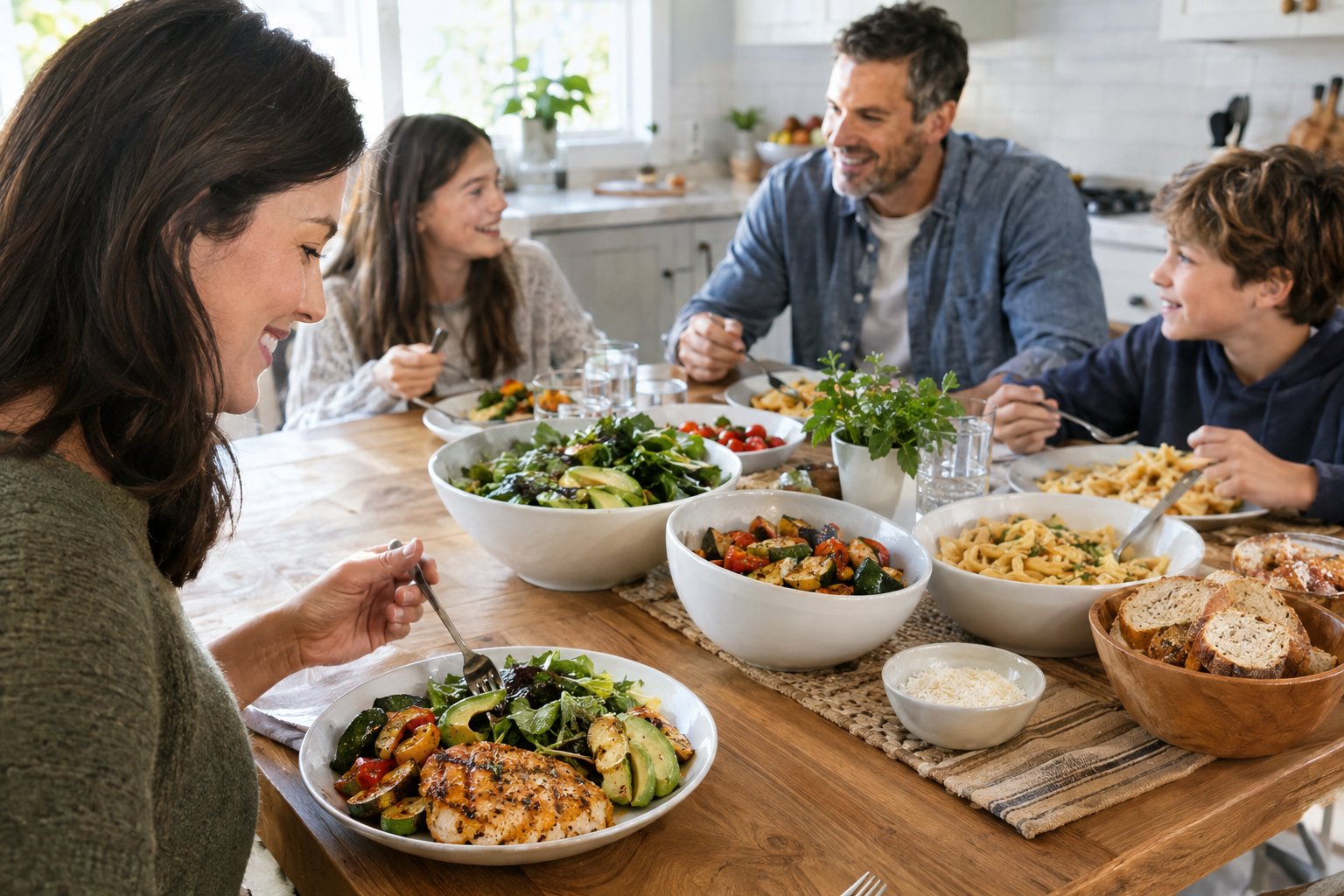 A family shares dinner at a table, with one adult eating grilled chicken and vegetables while bread and pasta are served on the side.