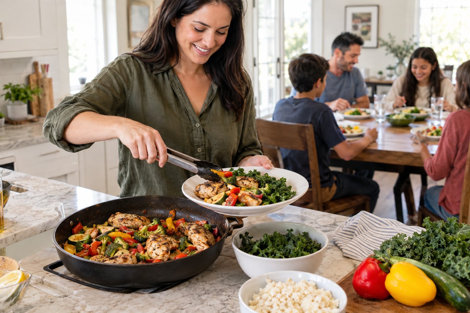 An adult serves a keto-friendly plate while family members gather for dinner.